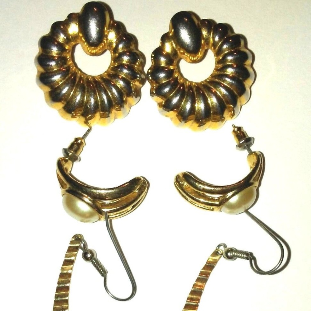 LOT OF 3 Gold Tone Earring Sets Door Knocker Funky